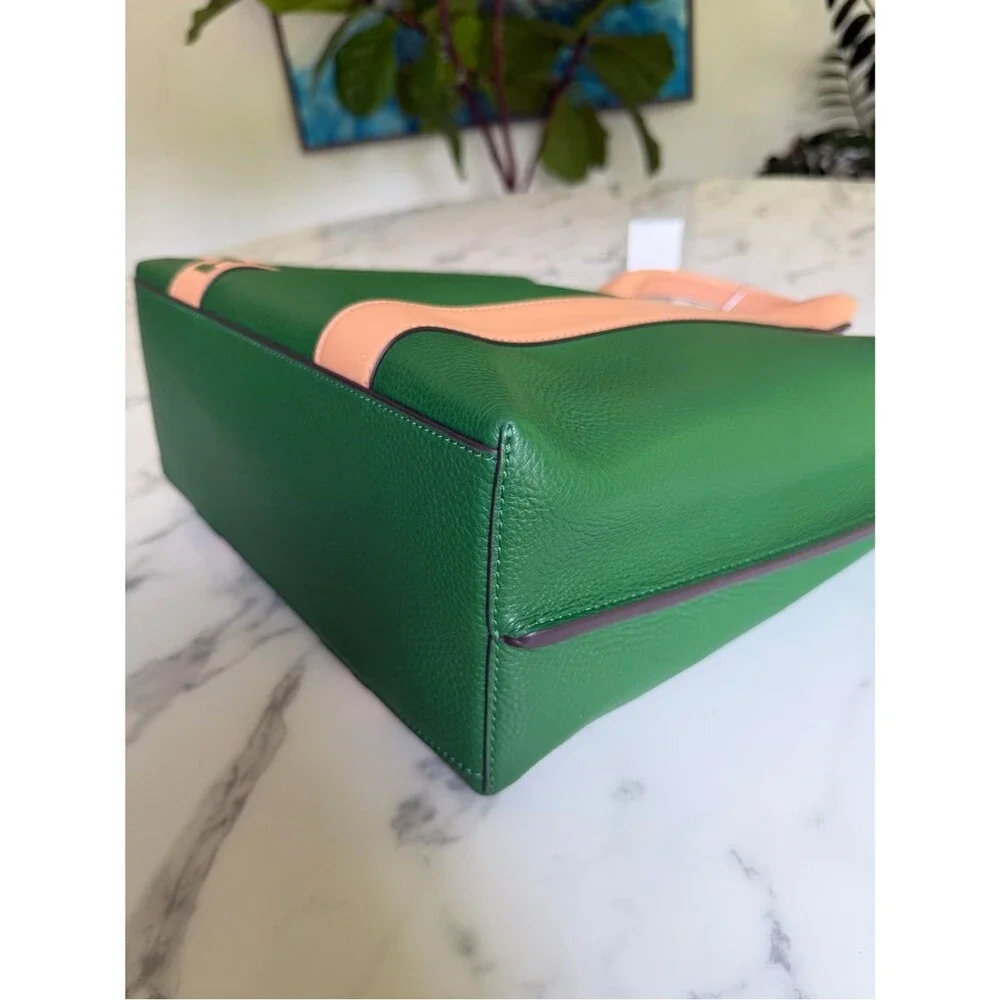 NWT Tory Burch Perry Multi Stripe Leather Triple Compartment Tote Arugula Green